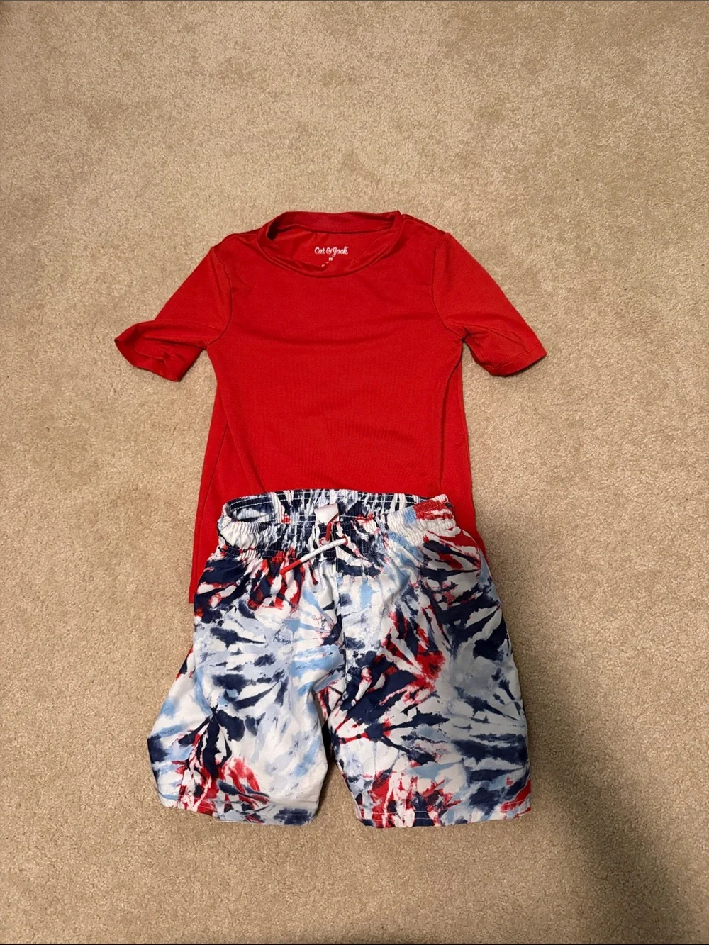 Red Rashguard with Red, White & Blue Tie-Dye Swim Trunks Set 5T